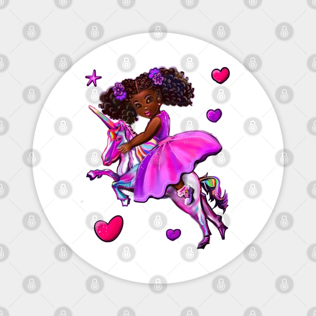 Black princess dress riding a unicorn pony horse. African American girl Magnet by Artonmytee